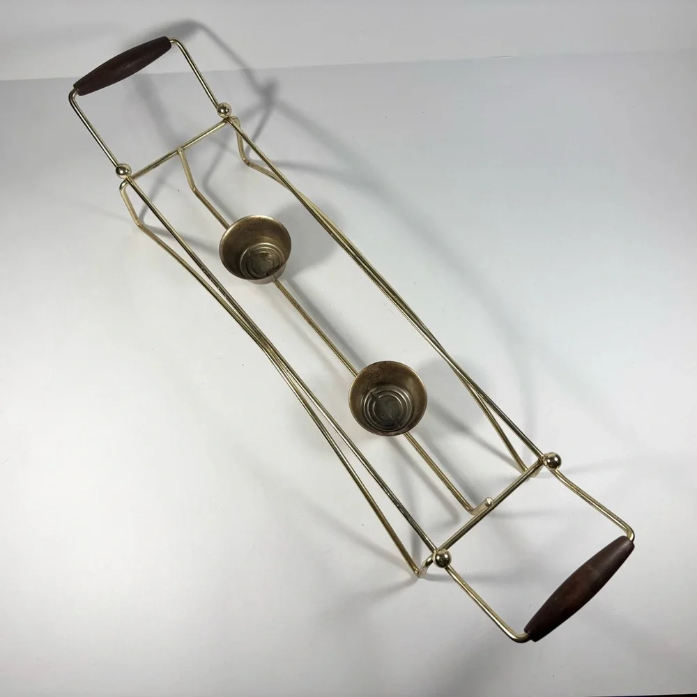 MCM Gold Metal‎ Rectangle Casserole Serving Dish Holder Warmer Wood Handles